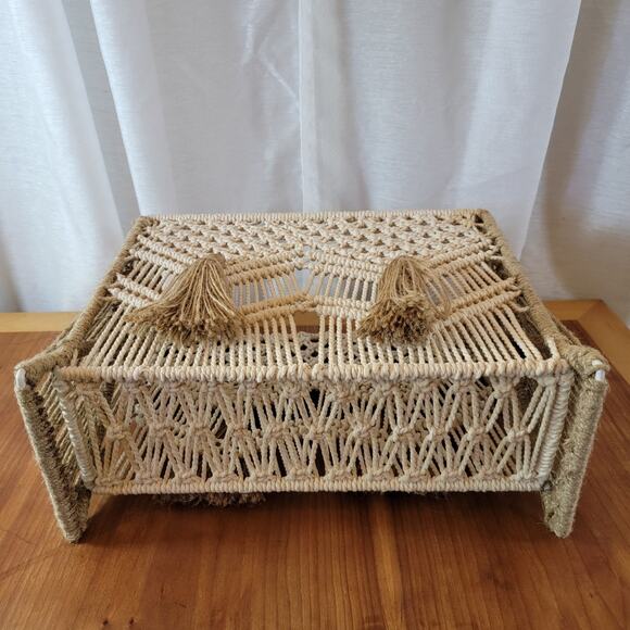 Vtg-Style Macrame Rattan Magazine Rack Bin with Tassels – Boho Storage – 25x7x12 - Picture 8 of 8